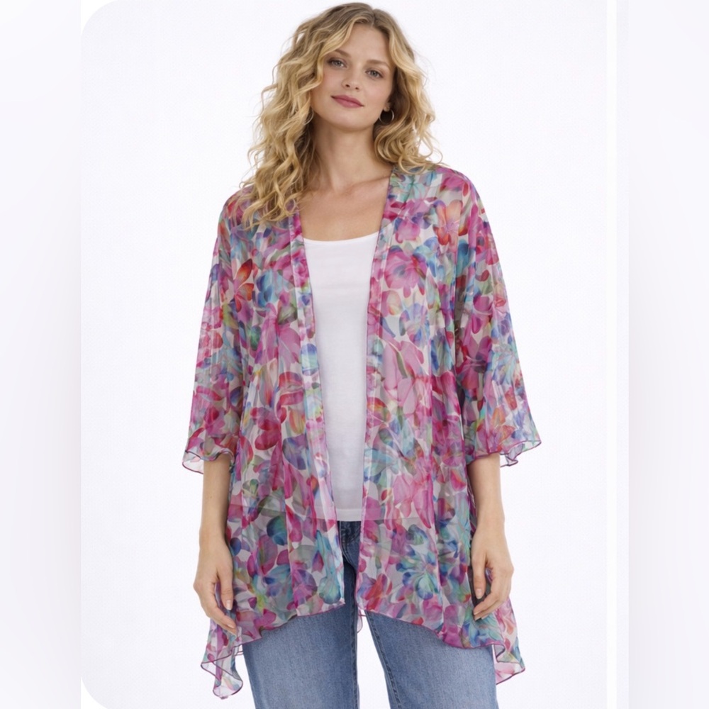$245 Caroline Rose Floral Multi-Color Chiffon Burnout Cardigan Open Front NWT